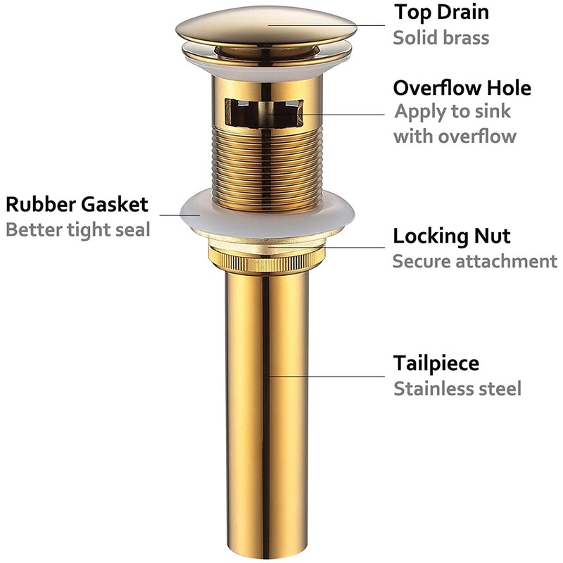 Bathroom Sink Drain Stopper with Overflow Gold Luxury Brass Pop