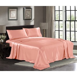 Satin Sheets Full [4-Piece, Blush Pink] Hotel Luxury Silky Bed Sheets - Extra Soft 1800 Microfiber Sheet Set, Wrinkle, Fade, Stain Resistant - Deep Pocket Fitted Sheet, Flat Sheet, Pillow Cases