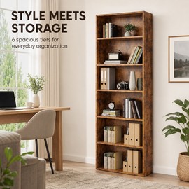 6-Tier Wood Bookcase, 63-Inch Tall Bookshelf with Anti-Tip Device, Floor Standing Storage Organizer for Living Room, Bedroom & Home Office, Black