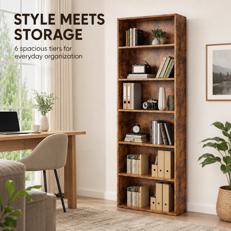 6-Tier Wood Bookcase, 63-Inch Tall Bookshelf with Anti-Tip Device, Floor