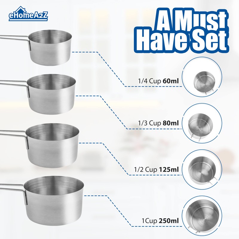 EHOMEA2Z Stainless Steel Measuring Cups Set 4Pc Metal Culinary Couture