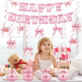 Pink Bow Birthday Party Decorations Includes Pink Bow Birthday Banner Hanging Swirls Honeycomb Centerpieces Table Decor for Coquette Birthday Baby Shower Bridal Bachelorette Cute Bow Party Supplies