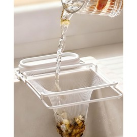 Foldable Sink Strainer with 100 Mesh Bags & Strong Suction Cup, Multi-Functional Kitchen Sink Food Catcher, Drain Basket Holder with Standable Design for Countertop (Iron Rack, White)