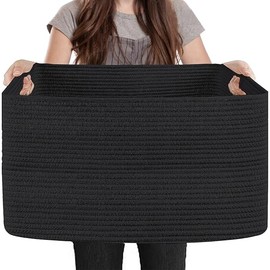 Extra Large Rectangle Storage Basket, 23.6" x 17" x 12" Black Blanket Basket Living Room, Big Cotton Rope Shoe Blanket Storage Bin, Woven Kids Dog Toy Bin Box Organizer, Wicker Laundry Basket