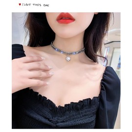 Deelfel Women's Choker Necklace, Octagonal Star Pendant, Crystal, Black, Glitter, Wood, Vintage Style, Party, Formal, Stainless Steel