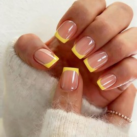 Uñas postizas cortas con punta francesa cuadrada y pegamento, color nude natural, 15 tamaños, kit de 30 uñas postizas de gel suave para mujer, ajuste 
