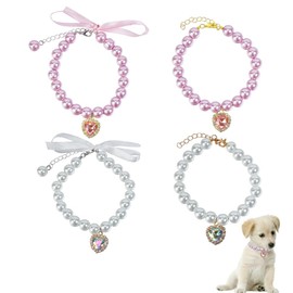 DELORIGIN 4pcs Pet Necklace Cat Pearl Teddy Collar Pearl Rhinestone Heart Jewelry Adjustable Cat Necklace Collar Wedding Party Accessories Ornaments for Small Dogs Cats
