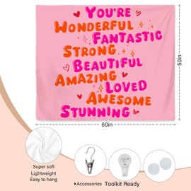 Exqcom Pink Inspirational Tapestry, Positive Affirmations Wall Decor, Trendy Girly Aesthetic Motivational Tapestries Wall Blanket for Girls Room Dorm Apartment Decor, 50x60 Inch