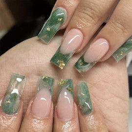SINHOT Press on Nails Long Square Fake Nails Gold Glitter French Tip Nails Green Acrylic Nails Glossy Glue on Nails Squoval Artificial Nails Stick on False Nails with Design 24 pcs