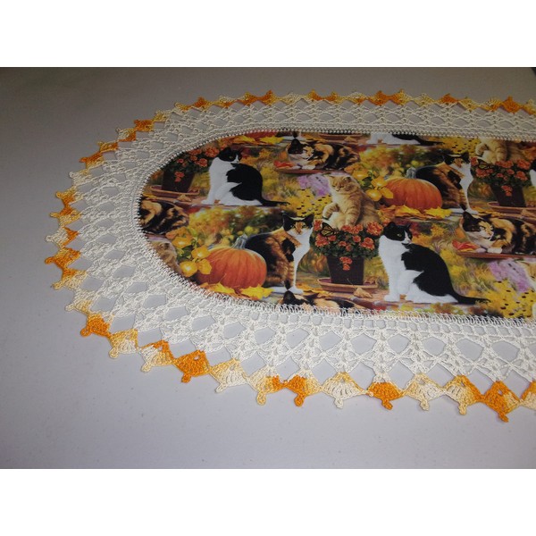 Fall Table Runner Cats and Pumpkins Crochet Lace Fabric Center