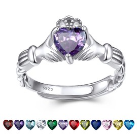 Bestyle Flattering Silver Birthstone Rings June Alexandrite Heart Crystal Rings for Women Dainty Hypoallergenic Adjustable Celtic Claddagh Rings for Girls, Size #6-#12