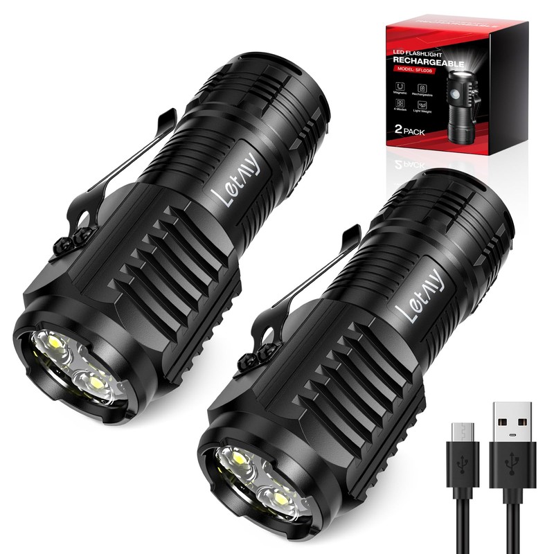 LETMY Rechargeable Mini Flashlights with Magnetic Base, 2 Pack Bright
