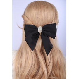 Jumwrit Big Black Hair Bow Clip Satin Bow Hair Barrette with Metal Clip Vintage French Style Rhinestone Bowknot Hair Clip Ponytail Holder 90's Accessories for Party Valentine's Day Women Girls (Black)