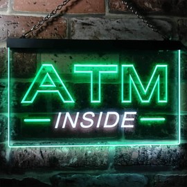 ATM Inside Open Shop Lure Dual Color LED Neon Sign White & Green 12" x 8.5" st6s32-i0565-wg