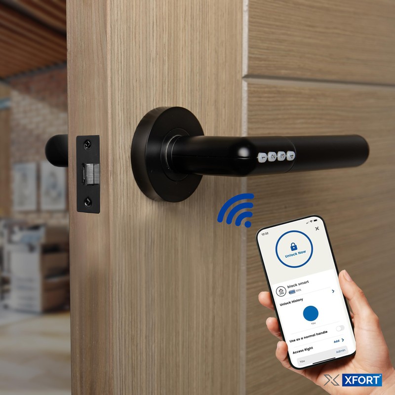 XFORT Smart Lock Door Handle, Stainless Steel in Black, Lever