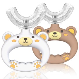 SUPERZZKKE Toddler U Shape Toothbrushes for Baby Age 1 2 3 4 5, 360° Oral Teeth Cleaning Design with Food Grade Soft Silicone Brush (White&Brown)