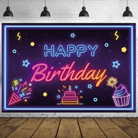 Neon Happy Birthday Banner Backdrop Disco Neon Glow Theme Decor Decorations for Let’s Glow Party Boys Girls Women Men 16th 21st 30th 40th 50th 60th 70th 80th 90th Birthday Party Supplies Glitter