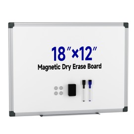 Magnetic White Board Hanging 18" x 12" for Wall, Small Dry Erase Board for Kids, Kitchen, Office, Includes 1 Eraser, 2 Markers, 4 Magnets, Pen Tray, Silver Aluminum Frame