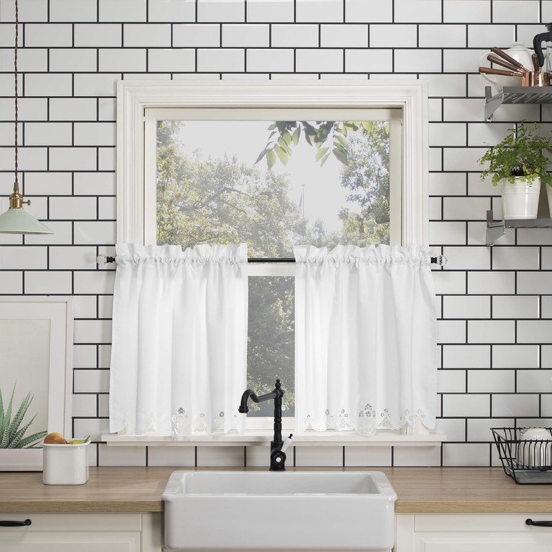 No. 918 Mariela Floral Trim Semi-Sheer Rod Pocket Kitchen Curtain