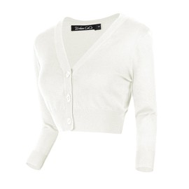 Urban CoCo Women's Cropped Cardigan V-Neck Button Down Knitted Sweater (M, White)