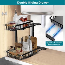 BSNBIC Under Sink Organizer, Slide Sink Steel Shelf Cabinet Storage Shelves, Height Adjustable Under Sink Organizers and Storage, 2 Tier Pull Out Drawer Cabinet Organizer for Kitchen Bathroom