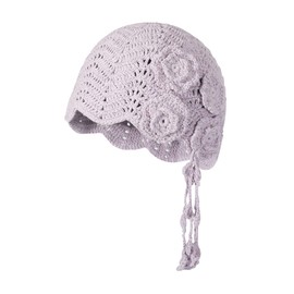 ZLYC Women Cotton Crochet Skull Cap Handmade Knit Cutout Floral Beanie Hat (Floral Lavender)