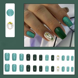 Medium Square Press on Nails Fake Nails Green with Glitter and Rhinestones Designs False Nails Full Cover Glossy Stick on Nails Artificial Glue on Nails Spring Summer Wear Nails for Women Girls