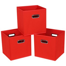 SEVENDOME Fabric Cloth Storage Bins,Fabric Cube Bins Organizer with Dual Handles Foldable Cube Storage Baskets for Home Bedroom Storage,Set of 3,(Red)