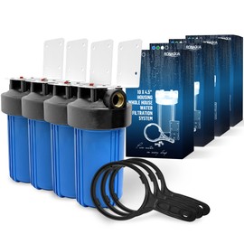 High Capacity 10 x 4.5” Whole House Filter Purifier System for Well or City Water, Presser Relief Button, 1” NPT Brass Port, Double O-Ring, Meets NSF Standards & Regulations (Blue, 4 Sets)