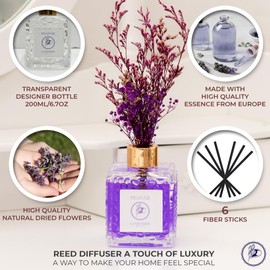 PEANÄK Lavender Fragrance Oil - Reed Diffuser 6.7oz (200 ml) - Mother's Day - Real Preserved Flowers & Designer Glass Bottle- for Home & Office Scent Bathroom Shelf Decor with Long Lasting Scents Gift