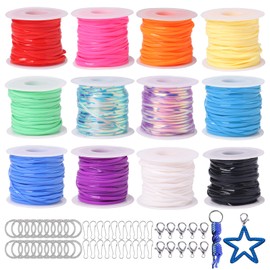 Candygirl Lanyard String, 12 Rolls Gimp String Plastic Lacing Cord Elastic String for Bracelet Keychains Boondoggle Making Kit DIY Craft Weaving Kit for Adult Kids Girls（787 Feet）