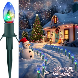 VCOKEN Christmas Pathway Lights - 24.57FT 20 LED Bright Shatterproof C9 Christmas Lights Outdoor, Multicolored Waterproof Walkway Lights with Stakes for Lawn Garden Sidewalk Christmas Decorations