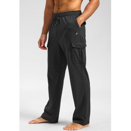 Pudolla Men's Cotton Sweatpants with Cargo Pockets Open Bottom Yoga Pants for Men Lounge Pants for Athletic Workout Casual(Charcoal XX-Large)