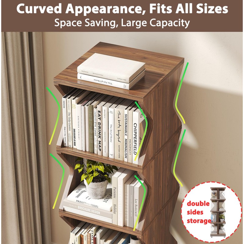 HSH Rotating Bookshelf Tower, 360°Revolving Bookcase with Wheels, Walnut