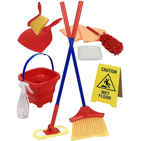 Click N' Play Pretend Play Housekeeping Cleaning Set Includes Broom Dustpan Duster Mop Collapsible Bucket Sponge & More (Set of 10)