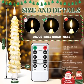 Enhon 3 Pcs Christmas Tree Flameless Taper Candles Battery Operated with Remote and Timer, Real Wax LED Candles, Warm 3D Wick Flickering Lifelike Leaves, Xmas Dinner Holiday Decoration(White, Gold)