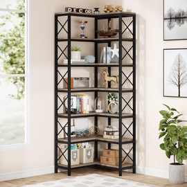 Tribesigns 7-Shelf Corner Bookshelf,Large Modern Corner Bookcase, 7-Tier Tall Corner Shelf Storage Display Rack with Metal Frame for Living Room Home Office (Grey)
