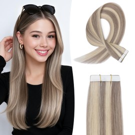 MY-LADY Tape in Hair Extensions 10 Pcs Invisible Thin Type 16 Inch Real Human Hair Tape in Extensions Straight Seamless #18/613 Ash Blonde Mix Bleach Blonde 15g
