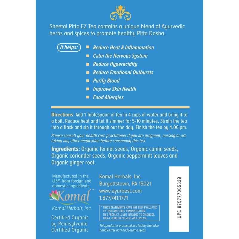 Sheetal Pitta EZ Herbal Tea, Organic, USDA Certified Organic, Net