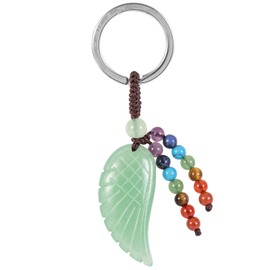 Nupuyai Green Aventurine Crystal Stone Angel Wing Crystals Keychain with 7 Chakra Beads Tassel Pendant Keyring, Guardian Angel Wing Pendant Keychain for Women