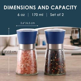Vzaahu Salt and Pepper Grinder Set Blue - Refillable Small Seasalt & Peppercorn Shakers, Adjustable Coarseness, Ceramic Burr, Premium Glass Peppermill, Transparent Lid