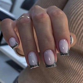 Press on Nails Medium Square MABKJLF French Tip Fake Nails Glitter Full Cover False Nails with Designs Glossy Glue on Nails Acrylic Nails Artificial Nails for Women Girls 24 Pcs