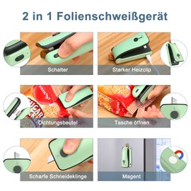 Ankilo Mini Film Sealer 2-in-1 Reusable Bag Sealer with Cutter Sealing Machine, Three-Level Temperature Setting, Hand Sealing Device for Plastic Bags, Bags, Chip Bags, Green