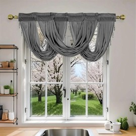 ABREEZE Luxury Velvet Waterfall Valance,Grey Beaded Blackout Short Window Curtain with Tassel Rod Pocket Valance Drapes,57W x 37L Inch,1 Panel