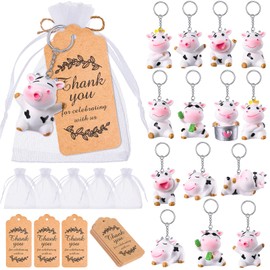32 Sets Cow Keychains Party Favors for Kids with Organza Bags Thank You Tags Cute Baby Shower Keychain Return Favors Exchange Gifts for Gender Reveal, Classroom Rewards, Cow Themed Party Supplies