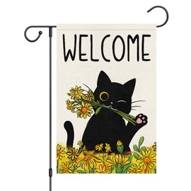 Wodison Summer Garden Flag Welcome Black Cat Sunflower Double Sided Burlap 12x18 inches For Porch Lawn Yard Outdoor and Home Decor