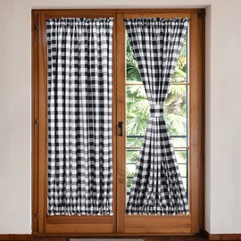 Moslovstar Buffalo Check French Door Curtains Rod Pocket Window Panels for Living Room Patio Sliding Glass Door Window with Tiebacks, 2 Pieces Black and White, 25" W x 40" L