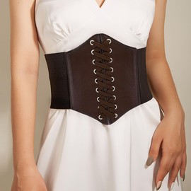 LIMHOO Leather Corset Belt for Women Elastic Costume Waist Belt Lace-up Tied Waspie Corset Belt (Coffee XXXL)