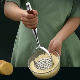 HEMOTON Stainless Steel Potato Masher Manual Vegetable Masher Hand Potato Smasher with wooden Handle for Baby Food Fruit Vegetable Bean