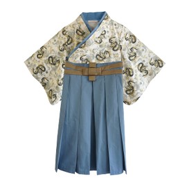 Sweet Mommy Hakama Romper, Baby Kimono, Coverall, Japanese Pattern, Crepe, Organic Cotton Body, Boys, Tango Festival, Children's Day, Shrine Visit, First Festival, Shichi-Go-San, Dragon God: Off White